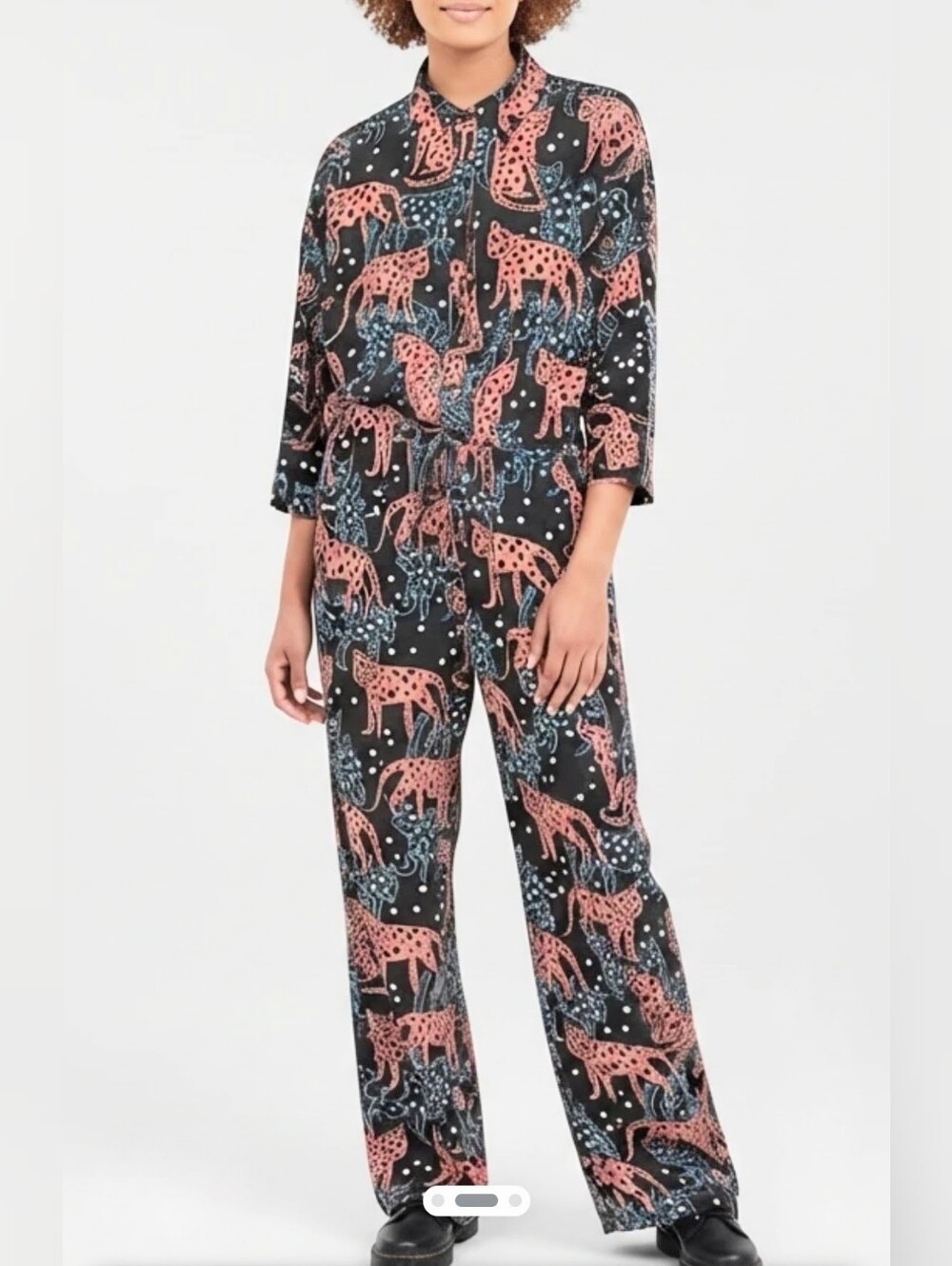 NWT Monki Black Oversized Wide-Leg Jumpsuit with Pink Cheetah Print